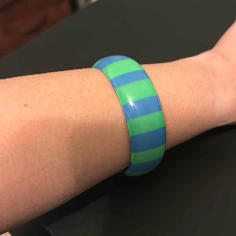 Vintage Plastic Bangle Bracelet, Green, Blue, Striped, Retro, Boho
